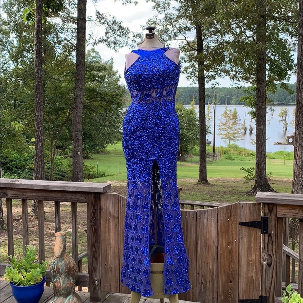 Royal Blue floor length beaded and lace formal